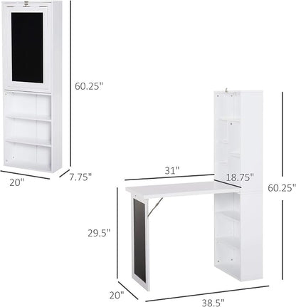 Folding Wall Mounted Desk with Storage, Expandable Hidden Computer Desk, Foldable Space-Saving Pull Out Murphy Table, Writing Table with Blackboard for Home Office Bedroom Small Spaces (White.)