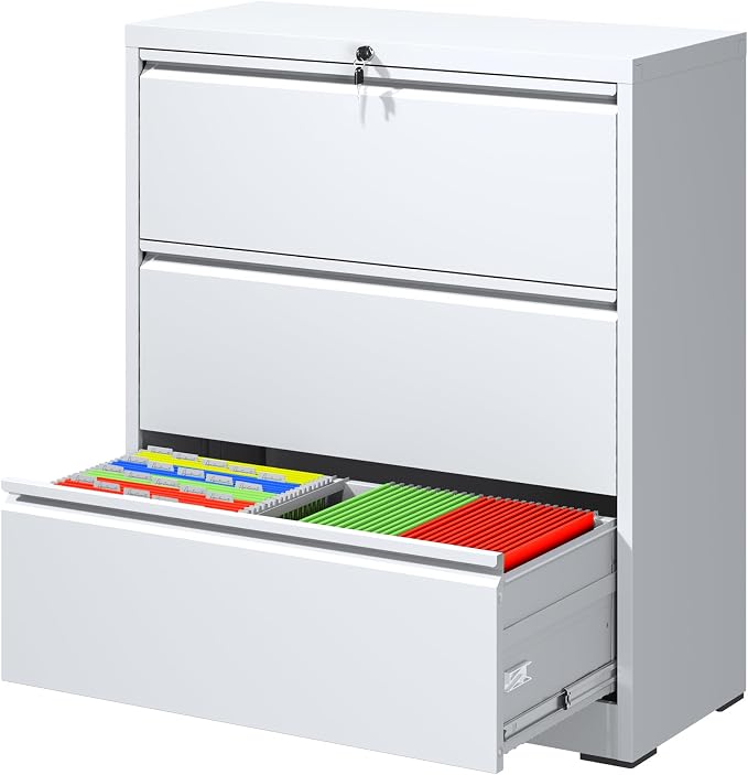 3 Drawer File Cabinet with Lock, White Metal Lateral Filing Cabinets for Home Office, Heavy Duty Steel Horizontal Locking Storage Cabinet for Legal/Letter/A4 Size File, Assembly Required