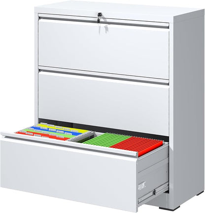 3 Drawer File Cabinet with Lock, White Metal Lateral Filing Cabinets for Home Office, Heavy Duty Steel Horizontal Locking Storage Cabinet for Legal/Letter/A4 Size File, Assembly Required
