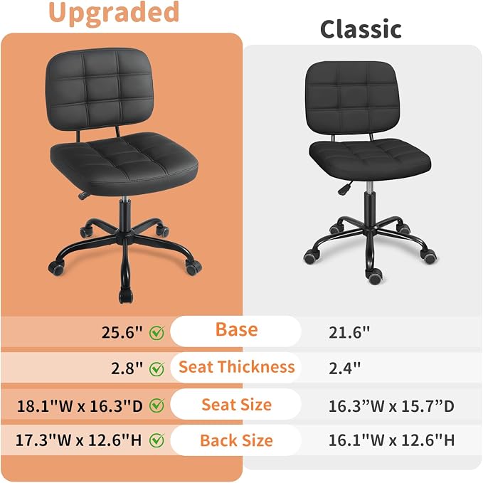 Armless Home Office Desk Chair - Small Swivel Office Desk Chairs with Rolling Wheels - Height Adjustable PU Leather Computer Chair with Comfy Low Back - For Small Space, Bedroom, Home, Vanity - Black