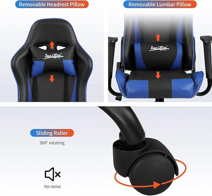 Gaming Chair Office Chair Desk Chair with Lumbar Support Headrest Armrest Task Rolling Swivel Ergonomic E-Sports Adjustable PC Gamer Chair Blue