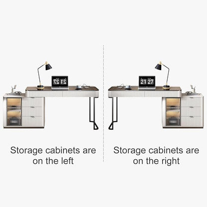 Lartis Office Desk, Very Easy to Assemble, Computer Desk, Home Telescopic Writing Desk, Modern Computer Desk with Retractable Cabinet Built-in LED Lights (Ivory, 50 in)