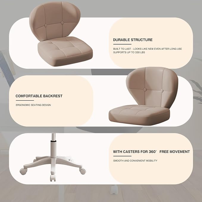 Small Office Chair with Lumbar Support, PU Leather Armless Swivel Desk Chair Adjustable Height, Compact Rolling Chair for Home Office, Bedroom, Study （Khaki Set of 2）