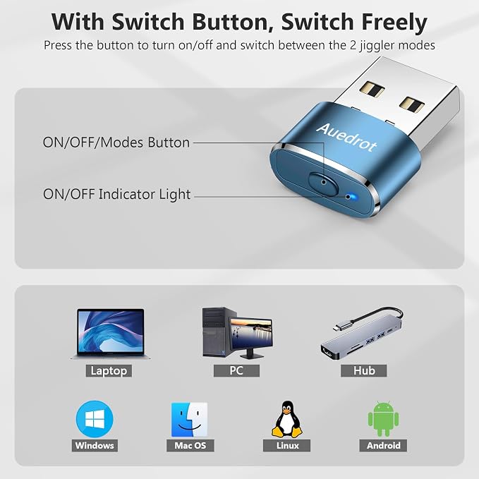 AUEDROT Mouse Jiggler Undetectable Jiggers USB Mover with Switch Button,Automatic Wiggler 2 Jiggle Modes,Mouse Device,Plug & Play,Keep Computer/Laptop Awake,Blue