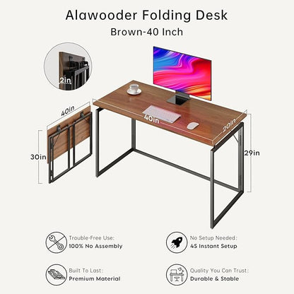 alawooder Folding Desk - 39.4” Wood Top Foldable Desk for Small Spaces | No Assembly Required Compact Desk for Home Office, Writing, and Study
