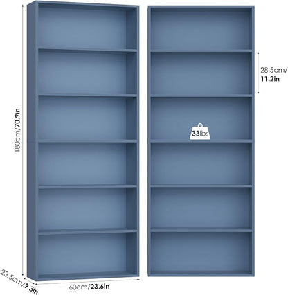 FOTOSOK 6-Tier Open Bookcase and Bookshelf, Freestanding Display Storage Shelves Tall Bookcase for Bedroom, Living Room and Office,Blue Set of 2
