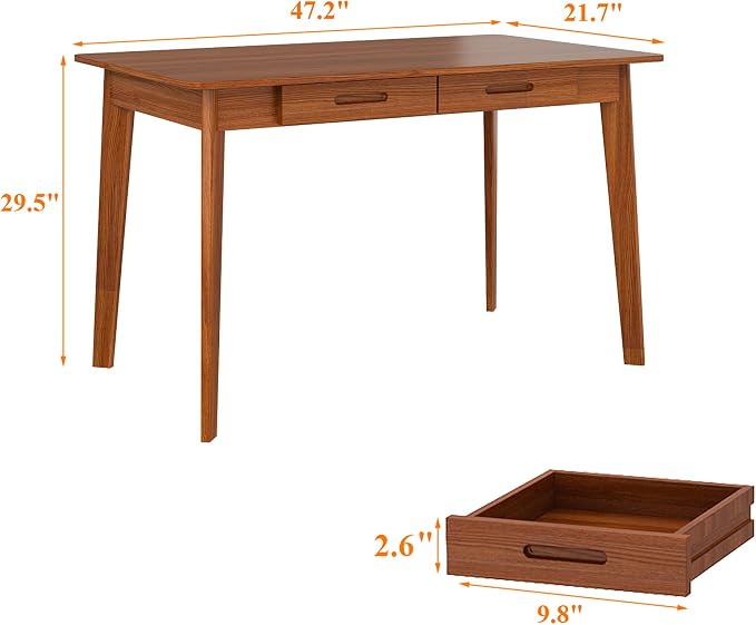 Timechee 47 Inch Compact Computer Gaming Desk, Study Work Office Desk with 2 Storage Drawers, Rectangular Study Reading Table, Simple Computer Writing Table for Home Office, Living Room,Walnut Color