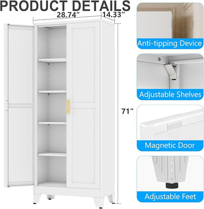 pozdeg 71" Tall Metal Storage Cabinet with 2 Doors & 4 Adjustable Shelves, Steel File Cabinet Multipurpose Organizer for Home Office Garage (White)