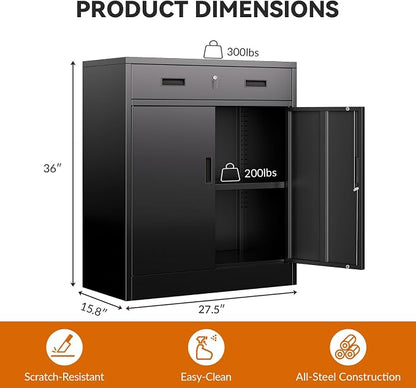BESFUR Metal Garage Storage Cabinet with One Lockable Drawer 2 Locking Doors and an Adjustable Shelf, 36" Black Metal Short Storage Cabinet for Home Office,Garage,School,Utility Room
