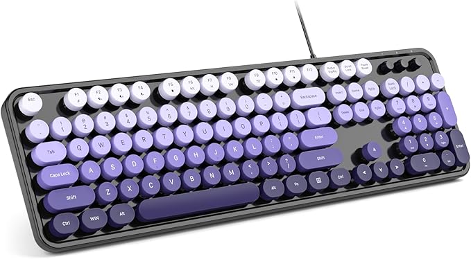 MOWUX Computer Keyboard Wired, Plug and Play USB Retro Round Typewriter Keyboard, Full Size Wired Keyboard with Foldable Stands for Laptop and Office PC- Black Purple Gradient