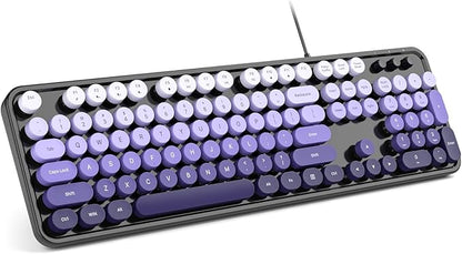 MOWUX Computer Keyboard Wired, Plug and Play USB Retro Round Typewriter Keyboard, Full Size Wired Keyboard with Foldable Stands for Laptop and Office PC- Black Purple Gradient