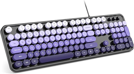 MOWUX Computer Keyboard Wired, Plug and Play USB Retro Round Typewriter Keyboard, Full Size Wired Keyboard with Foldable Stands for Laptop and Office PC- Black Purple Gradient