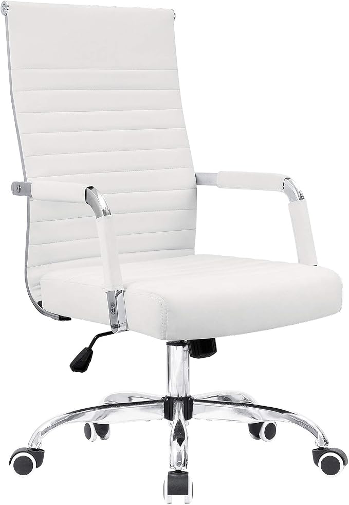 KaiMeng Ribbed Office Desk Mid Back Computer Chair Height Adjustable Conference Executive Task Swivel PU Leather (White)