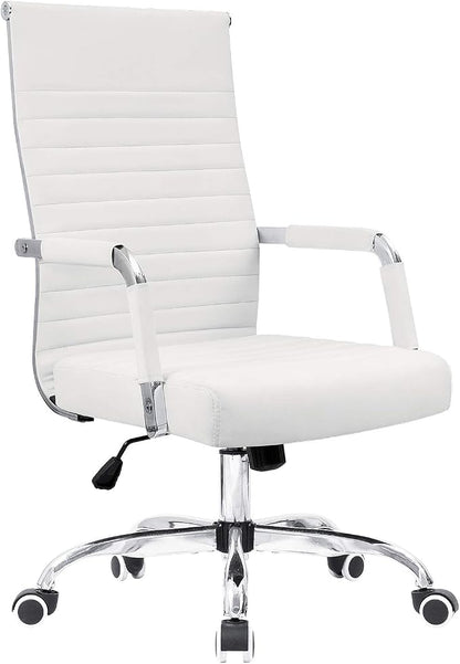 KaiMeng Ribbed Office Desk Mid Back Computer Chair Height Adjustable Conference Executive Task Swivel PU Leather (White)