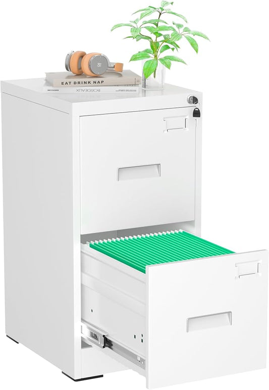 Pataku 2 Drawer File Cabinet with Lock, Sturdy Metal Vertical Filing Cabinets for Home Office, Under Desk Paperwork Storage Fully Extendable Slides Letter Legal A4 Size 18x15x28 Inches, White