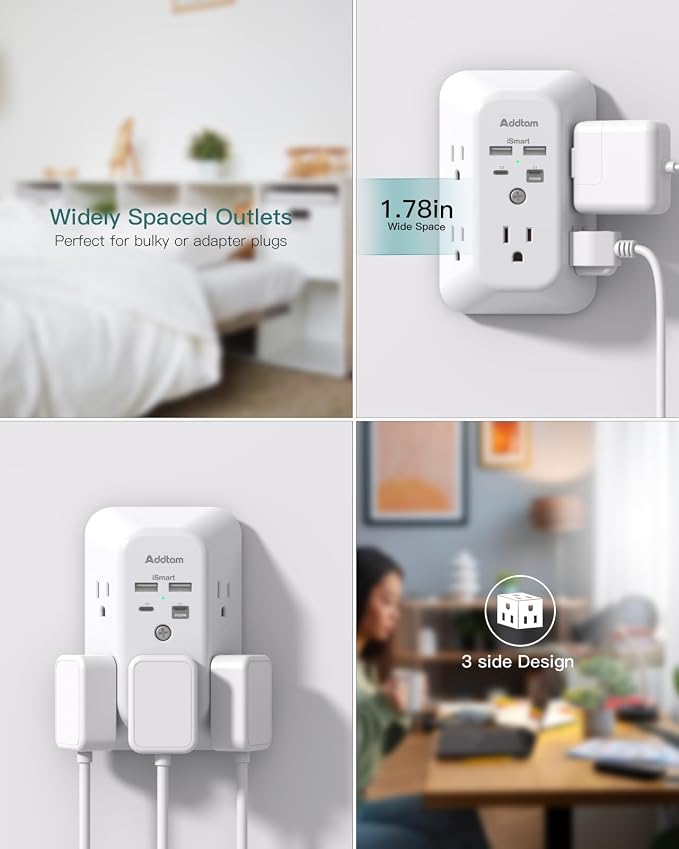Addtam Surge Protector Outlet Extender, Plug Extension Outlet with Night Light, 5-Outlet Splitter and 4 USB Ports(PD 20W), Multi Plug Wall Outlet for Home Office Dorm Room Essentials