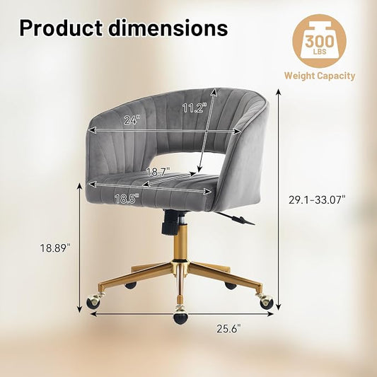 Vanity Chair with Back 360 Swivel Armchair and Gold Base, Criss Cross Chair with Wheels for Vanity Home Office, Living Room, Bedroom and Study (Grey)