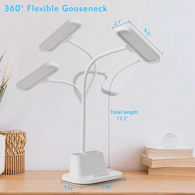 BOHON Desk Lamp for Home Office Reading Light with USB Charging Port White | Small Desk Lamps with Pen Holder, 5 Color Modes 5 Brightness, Touch Gooseneck LED Table Lamp for Dorm Room Essentials Study