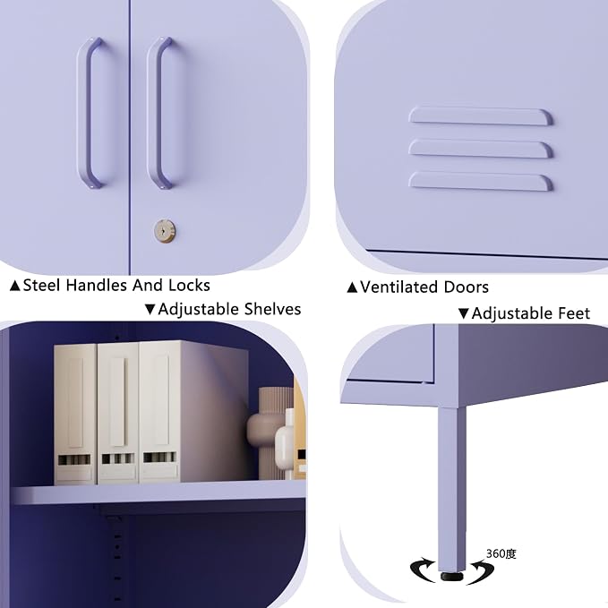 Purple Wide 3-Door Accent Cabinet, Lockable Metal Sideboard with Adjustable Shelves, Multifunctional Cabinet for Home Living Room Kitchen Bedroom