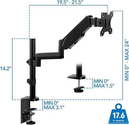 Mount-It! Single Monitor Arm Desk Mount with Gas Spring, Height Adjustable Monitor Stand for 13–32 Inch Screens up to 17.6 lbs, VESA 75x75 & 100x100, Clamp & Grommet