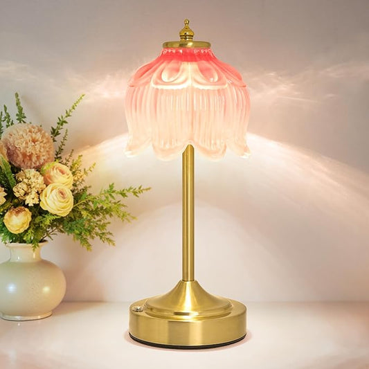 Cordless Lotus Flower Table Lamp, 5200mAh Rechargeable Battery Operated Portable Lamp, 3-Color Dimmable Touch Control Small Desk Lamp for Bedroom, Office, Kitchen, Nightstand,Room Decor (Pink)