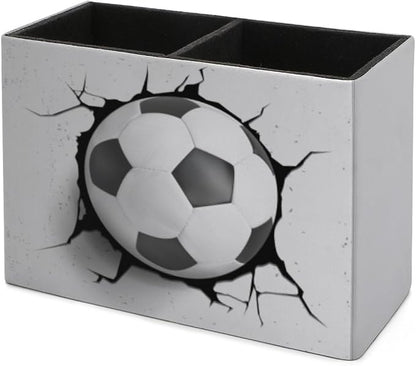 Pen Holder, Pencil Holder for Desk Organizer, Soccer Ball Cracked Wall PU Leather Pencil Cups Desktop Stationery Storage Makeup Brush Holder Pen Organizer for Office Home