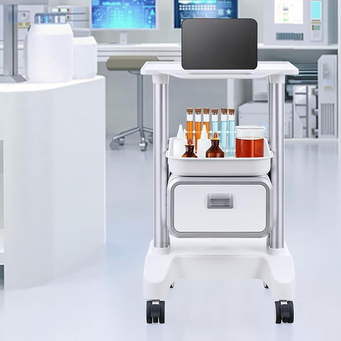 VEVOR Medical Trolley Storage Cart with Removable Drawer, Rolling Lab Tray Cart with Wheels for Ultrasound, Dental Clinic, Lab, Beauty Salon, Office