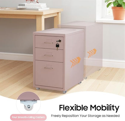 3-Drawer Metal File Cabinet, Mobile File Cabinet with Lock, Rolling Vertical Filing Drawers Under Desk for Home Office, 11 * 16 * 18.3in (Light Pink)