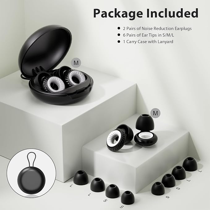 Concert Ear Plugs, Yawsoy Reusable Ear Plugs for Concerts, Raves, Focus and Sleep, High Fidelity Noise Cancelling Ear Plugs, 20dB Noise Reduction & Hearing Protection, 6 Pair Eartips in S/M/L (Black)