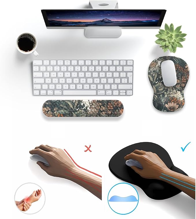 Boho Aesthetic Mouse Pad with Wrist Rest Keyboardpad Vintage Wildflowers Wrist Rest for Computer Keyboard Wrist Rest, Non-Slip Base Home/Office for Computer Keyboard, Made Easy Typing & Relieve