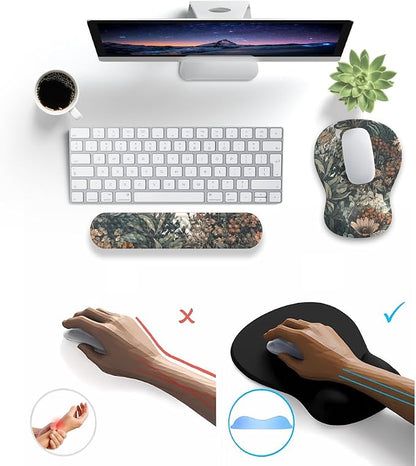 Boho Aesthetic Mouse Pad with Wrist Rest Keyboardpad Vintage Wildflowers Wrist Rest for Computer Keyboard Wrist Rest, Non-Slip Base Home/Office for Computer Keyboard, Made Easy Typing & Relieve