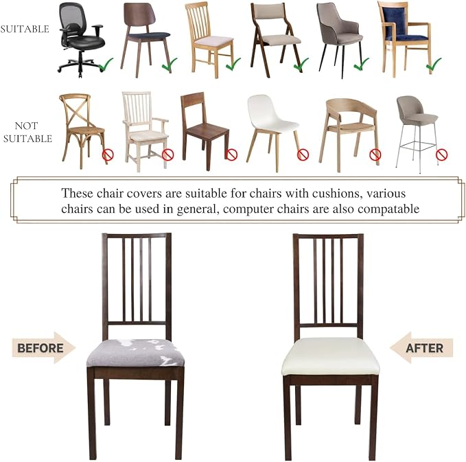 SearchI Waterproof PU Leather Seat Covers for Dining Chairs, 2 Pack Stretch Dining Room Chair Seat Covers, Kitchen Chair Seat Covers Protectors (Cream)