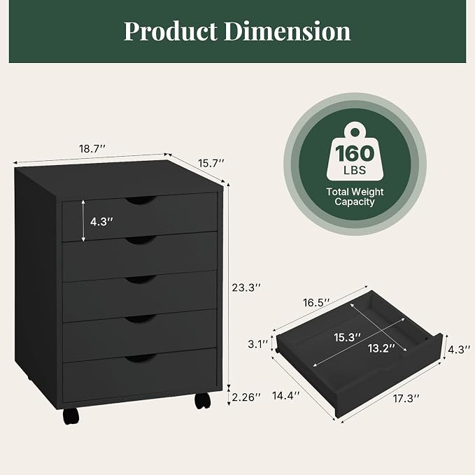Mobile File Cabinet Under Desk, 5 Drawer Storage Organization with Wheels, Vertical Filing Chest Rolling Wood Small Desk Printer Stand for Home Office, 15.75" D x 18.74" W x 25.39" H