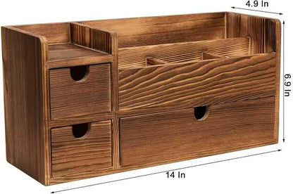 Deep Roast Wooden Desktop Organizer 3 Drawers Office Supplies Storage Caddy Box Stationery Pencil Mail Holder Note Pads Makeup Tools Cosmetics Dark Brown