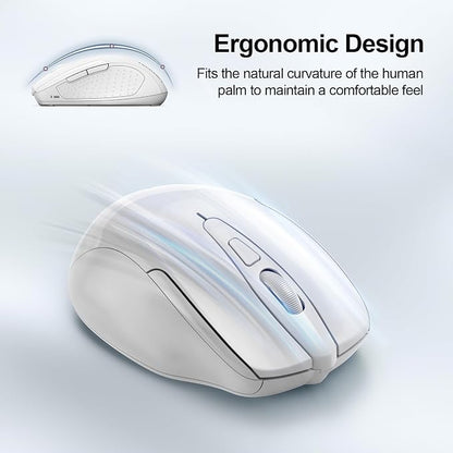 TECKNET Wireless Mouse (2.4G & BT5.0/3.0) Silent 4800 DPI Computer USB A & Bluetooth Mouse 6 Buttons, Wide Compatibility - White
