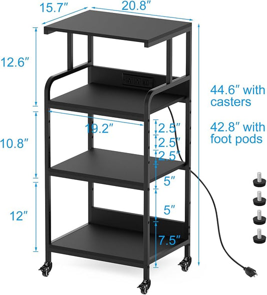 Black 4 Tier Adjustable Shelf Mobile Printer Stand Rolling Storage Cart | Space saving design fits small home office spaces supports scanner cricut heat press fax machine and other office equipment