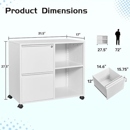 MIIIKO 2 Drawer File Cabinet with Lock, Metal Rolling Printer Stand Filing Cabinets with Drawers for Home Office,A4, Letter Size File Folders(White)