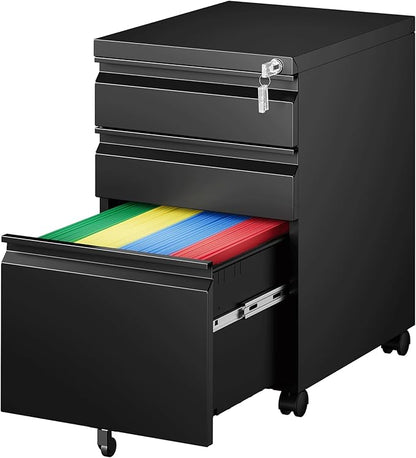 PEUKC 3 Drawers Mobile File Cabinet with Lock, Under Desk Rolling File Cabinet for Home Office, Organizes Letter Legal A4 Files, Black(Pre-Assembled)