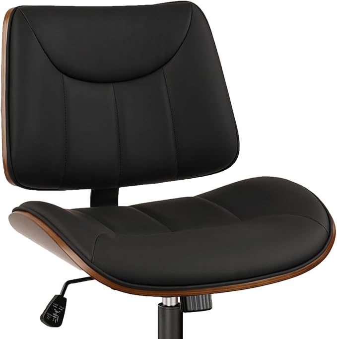 CLATINA Office Chair Armless with Wheels, Mid-Century Modern Walnut Desk Chair, Adjustable Height Reading Chair, PU Leather Mid Back & Swivel Computer Chairs for Home Meeting Room Bedroom, Black(1 PK)