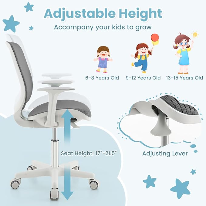 Costzon Kids Desk Chair, Height Adjustable Children Study Computer Chair with Armrests, Sit-Brake Casters, Swivel Mesh Task Chair for Boys Girls Teens Students, Kids Chair for Home, Office (Gray)