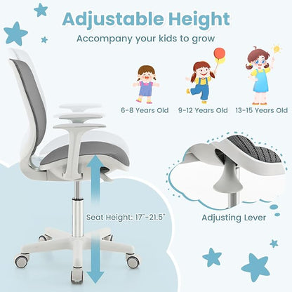 Costzon Kids Desk Chair, Height Adjustable Children Study Computer Chair with Armrests, Sit-Brake Casters, Swivel Mesh Task Chair for Boys Girls Teens Students, Kids Chair for Home, Office (Gray)