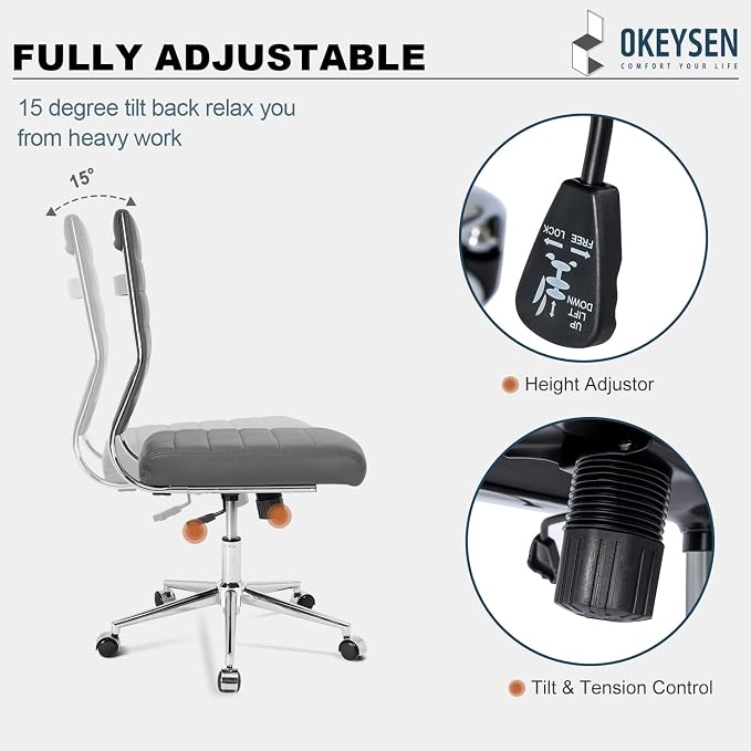 Okeysen Armless Office Desk Chair, Mid Back Ergonomic Swivel Conference Room Chair, Adjustable Height PU Leather Home Desk Chair with Lumbar Support, Modern Small Rolling Computer Task Chair, Gray