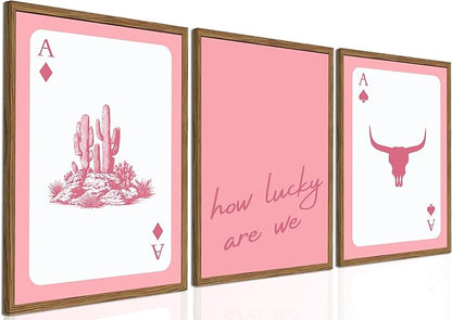 Pink Western Wall Art, How Lucky are We Wall Decor Picture Southwestern Cowgirl Playing Card Poster Canvas Print Bull Skull Painting Artwork for Bedroom Living Room 16x24 inch Wood Framed