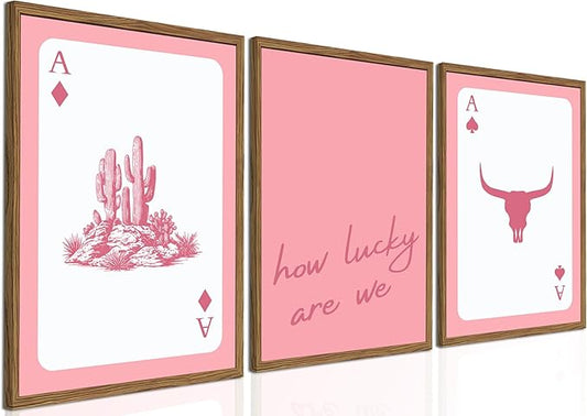 Pink Western Wall Art, How Lucky are We Wall Decor Picture Southwestern Cowgirl Playing Card Poster Canvas Print Bull Skull Painting Artwork for Bedroom Living Room 16x24 inch Wood Framed