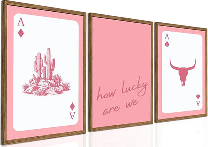 Pink Western Wall Art, How Lucky are We Wall Decor Picture Southwestern Cowgirl Playing Card Poster Canvas Print Bull Skull Painting Artwork for Bedroom Living Room 12x16 inch Wood Framed
