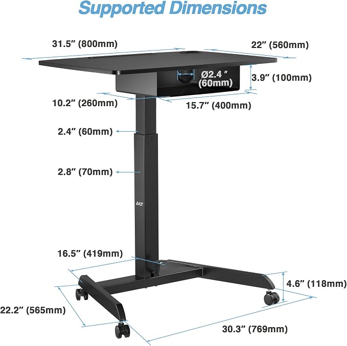 AVLT 44" Height Adjustable Foot Pedal Rolling Desk with Shelf - Black | 3 ft 8 inches - Pneumatic Laptop Standing Desk Cart - Mobile Laptop Cart Computer Projector Cart with Brake Casters