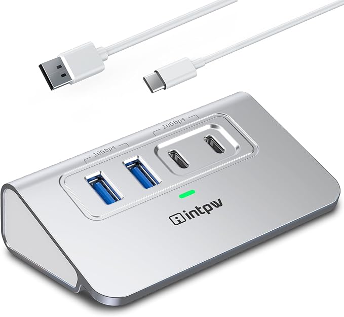 Intpw USB 3.2 Hub,Aluminum 4 Port USB Splitter 10Gbps with 2 USB C/USB A 3.2 Data Ports, 3.3ft Cable, USB HUB for PC/Laptop/Xbox/FlashDrive/Printer/Camera/Keyborad/Mouse