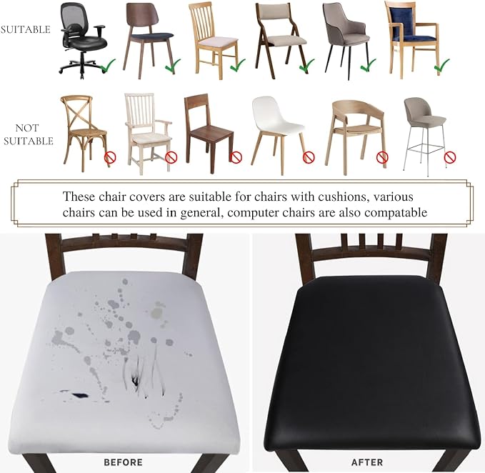SearchI Waterproof PU Leather Seat Covers for Dining Chairs, 2 Pack Stretch Dining Room Chair Seat Covers, Kitchen Chair Seat Covers Protectors (Black)
