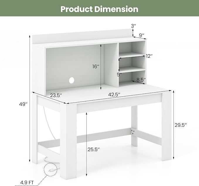 GOFLAME Computer Desk with Hutch, Home Office Desk with 2 Power Outlets, USB & Type-c Charging Ports, 3 Storage Shelves, Cable Hole, Writing Desk, Modern White Laptop PC Desk for Study, Office