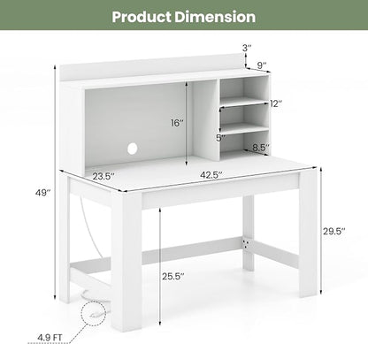 GOFLAME Computer Desk with Hutch, Home Office Desk with 2 Power Outlets, USB & Type-c Charging Ports, 3 Storage Shelves, Cable Hole, Writing Desk, Modern White Laptop PC Desk for Study, Office
